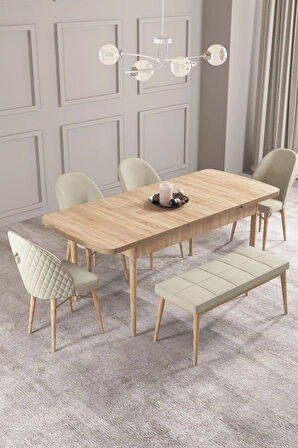 Calvin Meşe Desen 80x132 MDF Açılabilir Mutfak Masası Takımı 4 Sandalye, 1 Bench