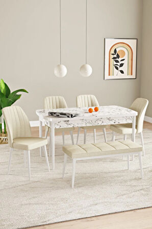 Elis Beyaz Mermer Desen 80x132 Açılabilir Yemek Odası Takımı 4 Sandalye, 1 Bench