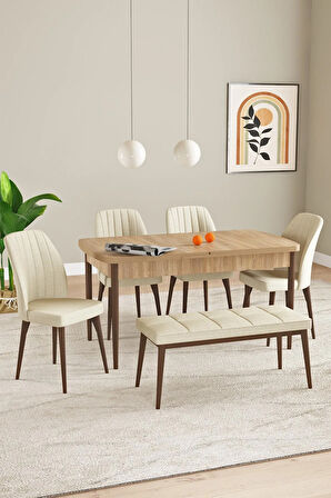Elis Meşe Desen 80x132 Açılabilir Yemek Odası Takımı 4 Sandalye, 1 Bench