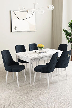 Elis Siyah Mermer Desen 80x132 Açılabilir Yemek Odası Takımı 4 Sandalye, 1 Bench