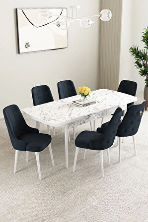 Elis Siyah Mermer Desen 80x132 Açılabilir Yemek Odası Takımı 4 Sandalye, 1 Bench