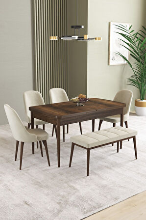 Ikon Barok Desen 80x132 Açılabilir Mdf Masa Yemek Odası Takımı, Mutfak Takımı 4 Sandalye, 1 Bench