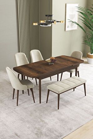 Ikon Barok Desen 80x132 Açılabilir Mdf Masa Yemek Odası Takımı, Mutfak Takımı 4 Sandalye, 1 Bench