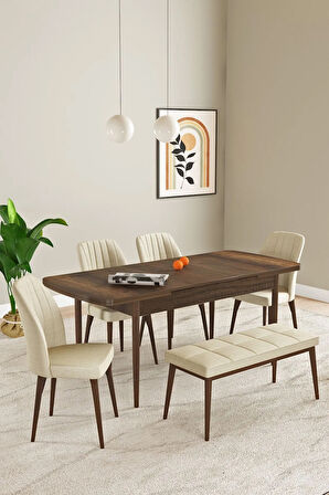 Laris Barok Desen 80 X 132 Benchli Açılabilir MDF Mutfak Masa Takımı 4 Sandalye