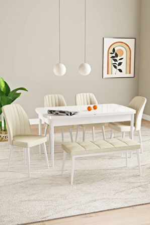 Laris Beyaz 80 X 132 Benchli Açılabilir MDF Mutfak Masa Takımı 4 Sandalye