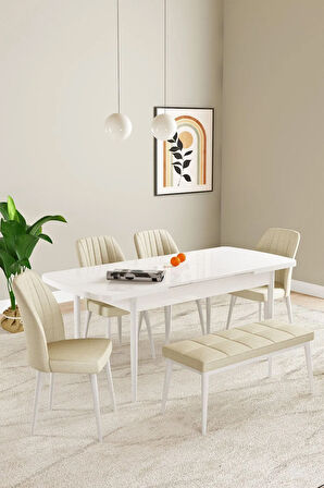 Laris Beyaz 80 X 132 Benchli Açılabilir MDF Mutfak Masa Takımı 4 Sandalye