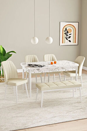 Laris Beyaz Mermer Desen 80 X 132 Benchli Açılabilir MDF Mutfak Masa Takımı 4 Sandalye