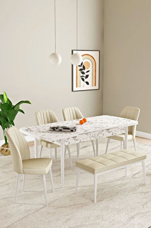 Laris Beyaz Mermer Desen 80 X 132 Benchli Açılabilir MDF Mutfak Masa Takımı 4 Sandalye