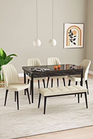 Laris Siyah Mermer Desen 80 X 132 Benchli Açılabilir MDF Mutfak Masa Takımı 4 Sandalye