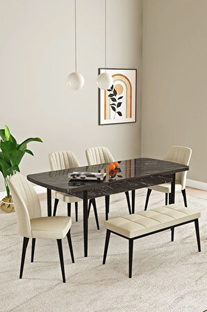 Laris Siyah Mermer Desen 80 X 132 Benchli Açılabilir MDF Mutfak Masa Takımı 4 Sandalye