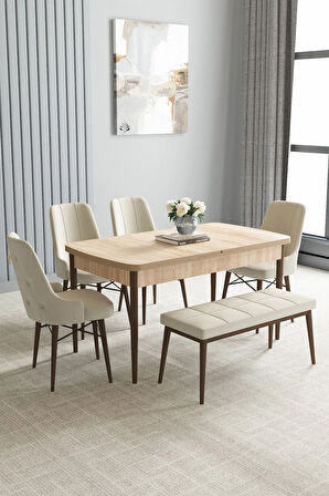 Jusie Meşe Desen 80x132 Açılabilir Yemek Odası Takımı 4 Sandalye, 1 Bench