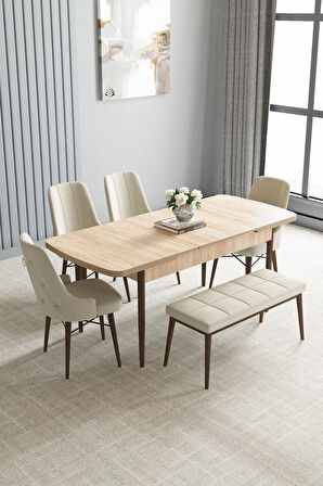 Jusie Meşe Desen 80x132 Açılabilir Yemek Odası Takımı 4 Sandalye, 1 Bench