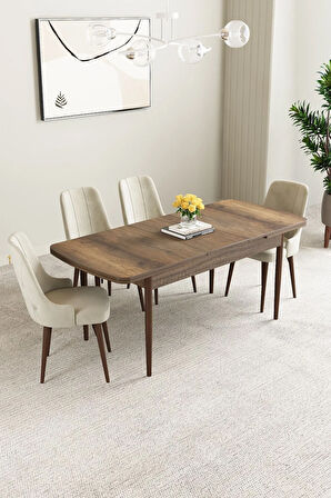 Mabel Beyaz Desen 80x132 MDF Açılabilir Mutfak Masası Takımı 4 Sandalye 1 Bench