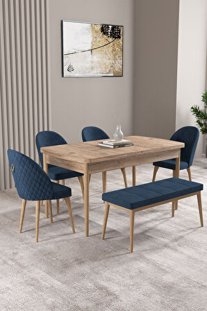 Milas Atlantik Çam 80x132 Açılabilir Mdf Masa Yemek Odası Takımı, Mutfak Takımı 4 Sandalye, 1 Bench