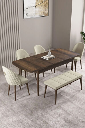 Milas Barok Desen 80x132 MDF Açılabilir Mutfak Masası Takımı 4 Sandalye, 1 Bench