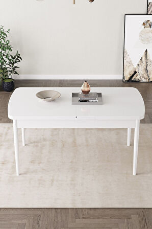 Milas Beyaz 80x132 Açılabilir Mdf Masa Yemek Odası Takımı, Mutfak Takımı 4 Sandalye, 1 Bench