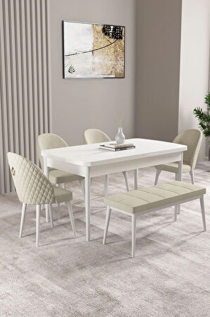 Milas Beyaz 80x132 MDF Açılabilir Mutfak Masası Takımı 4 Sandalye, 1 Bench