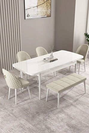 Milas Beyaz 80x132 MDF Açılabilir Mutfak Masası Takımı 4 Sandalye, 1 Bench