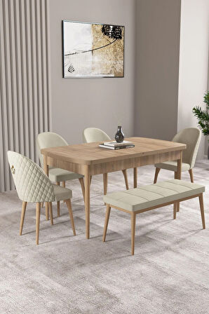 Milas Meşe Desen 80x132 MDF Açılabilir Mutfak Masası Takımı 4 Sandalye, 1 Bench