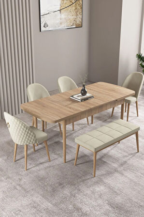 Milas Meşe Desen 80x132 MDF Açılabilir Mutfak Masası Takımı 4 Sandalye, 1 Bench