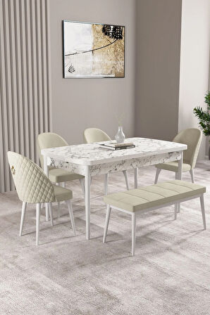 Milas Beyaz Mermer Desen 80x132 MDF Açılabilir Yemek Masası Takımı 4 Sandalye, 1 Bench