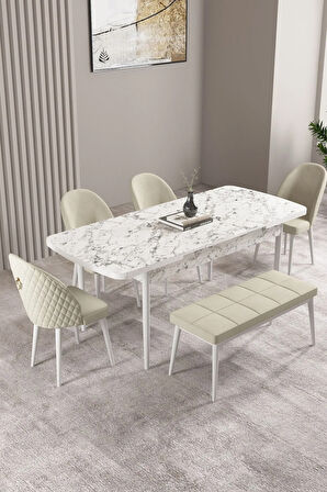 Milas Beyaz Mermer Desen 80x132 MDF Açılabilir Yemek Masası Takımı 4 Sandalye, 1 Bench