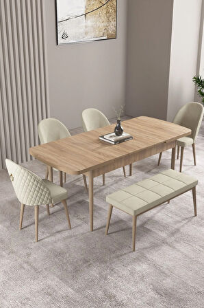 Milas Meşe Desen 80x132 MDF Açılabilir Yemek Masası Takımı 4 Sandalye, 1 Bench
