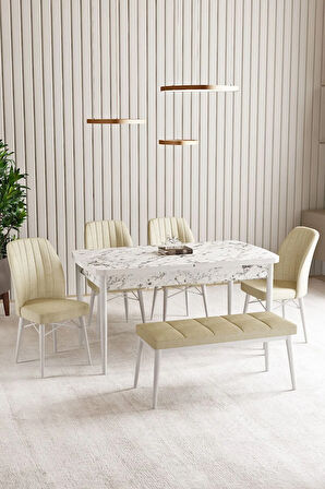 Vien Beyaz Mermer Desen 80 X 132 Açılabilir MDF Mutfak Masası 4 Sandalye, 1 Bench