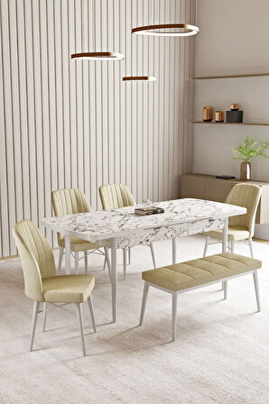 Vien Beyaz Mermer Desen 80 X 132 Açılabilir MDF Mutfak Masası 4 Sandalye, 1 Bench