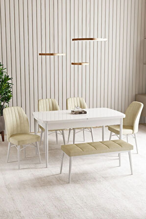 Lara Beyaz 80 X 132 Açılabilir MDF Mutfak Masası 4 Sandalye, 1 Bench