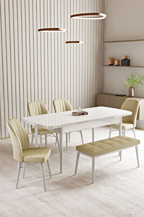 Lara Beyaz 80 X 132 Açılabilir MDF Mutfak Masası 4 Sandalye, 1 Bench