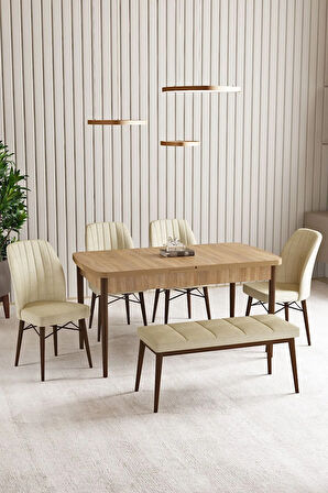 Lara Meşe Desen 80 X 132 Açılabilir MDF Mutfak Masası 4 Sandalye, 1 Bench