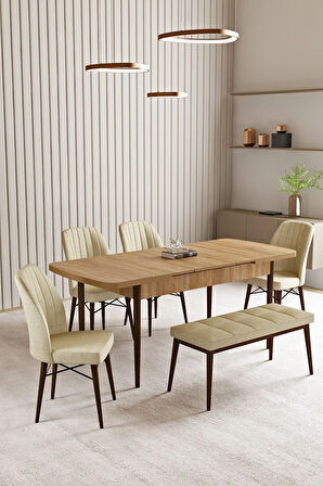 Lara Meşe Desen 80 X 132 Açılabilir MDF Mutfak Masası 4 Sandalye, 1 Bench