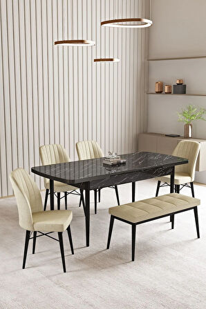 Lara Siyah Mermer Desen 80 X 132 Açılabilir MDF Mutfak Masası 4 Sandalye, 1 Bench