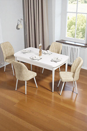 Bara Beyaz 80X132 Açılabilir Sunta Masa Yemek Odası Takımı, Mutfak Takımı 4 Adet Sandalye