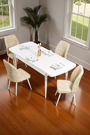 Bara Beyaz 80X132 Açılabilir Sunta Masa Yemek Odası Takımı, Mutfak Takımı 4 Adet Sandalye