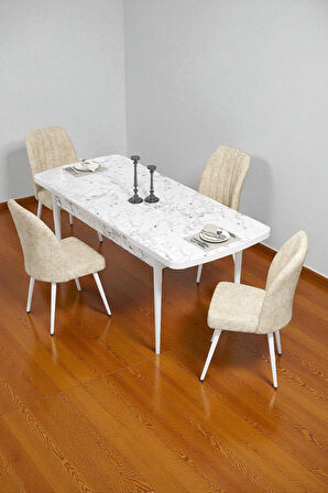 Bara Beyaz Mermer 80X132 Açılabilir Sunta Masa Yemek Odası Takımı, Mutfak Takımı 4 Adet Sandalye