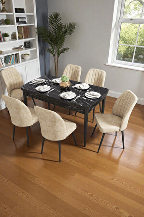 Bara Siyah Mermer 80X132 Açılabilir Sunta Masa Yemek Odası Takımı, Mutfak Takımı 6 Adet Sandalye