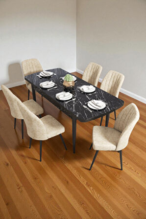 Bara Siyah Mermer 80X132 Açılabilir Sunta Masa Yemek Odası Takımı, Mutfak Takımı 6 Adet Sandalye