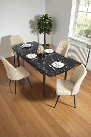 Bara Siyah Mermer 80X132 Açılabilir Sunta Masa Yemek Odası Takımı, Mutfak Takımı 4 Adet Sandalye