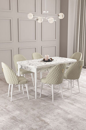 ​​​​​​​Calvin Beyaz Mermer Desen 80x132 Açılabilir Mdf Masa Yemek Odası Takımı, Mutfak Takımı 6 Adet