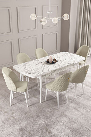 ​​​​​​​Calvin Beyaz Mermer Desen 80x132 Açılabilir Mdf Masa Yemek Odası Takımı, Mutfak Takımı 6 Adet