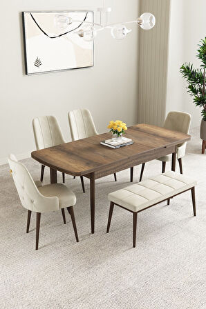 Clara Barok Desen 80x132 Açılabilir Mdf Masa Yemek Odası Takımı,Mutfak Takımı 4 Sandalye 1 Bench