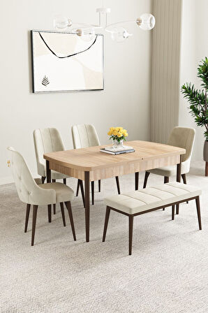 Clara Meşe Desen 80x132 Açılabilir Mdf Masa Yemek Odası Takımı,Mutfak Takımı 4 Sandalye 1 Bench