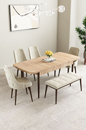 Clara Meşe Desen 80x132 Açılabilir Mdf Masa Yemek Odası Takımı,Mutfak Takımı 4 Sandalye 1 Bench