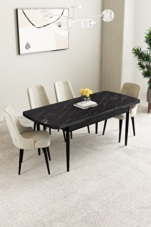 Clara Siyah Mermer Desen 80x132 Açılabilir Mdf Masa Yemek Odası Takımı,Mutfak Takımı 4 Adet Sandalye