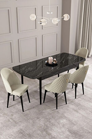 Arya Siyah Mermer Desen 80x132 MDF Açılabilir Yemek Masası Takımı 4  Sandalye