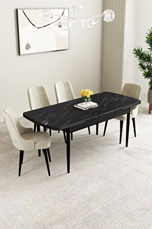 Ashira MDF Siyah Mermer Desen Açılabilir 80x132 Cm 4 Sandalyeli Mutfak Masası Takımı