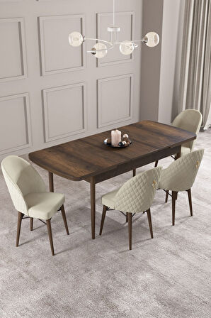 Calvin Barok Desen 80x132 Açılabilir Mdf Masa Yemek Odası Takımı, Mutfak Takımı 4 Adet Sandalye