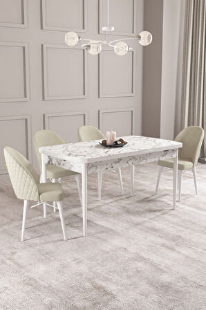Calvin Beyaz Mermer 80x132 Açılabilir Mdf Masa Yemek Odası Takımı, Mutfak Takımı 4 Adet Sandalye